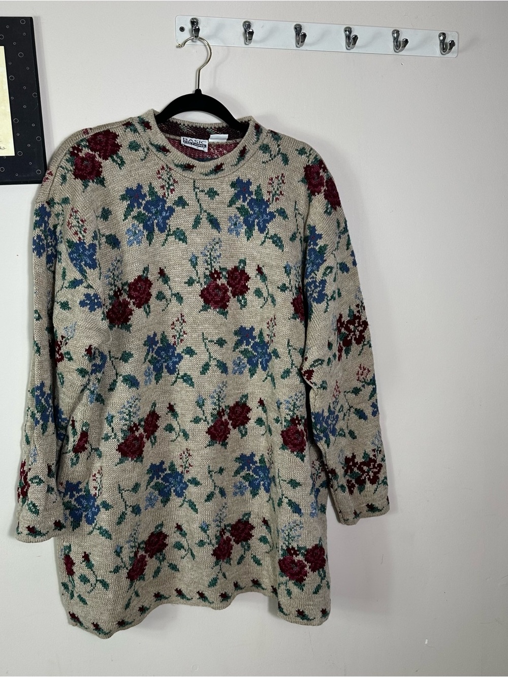Floral Crewneck Sweater - Beige with Blue & Burgundy Flowers